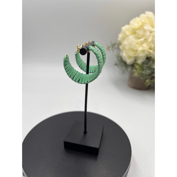 Shashi Designer Naija Raffia Wrapped Green Gold Plated Hoop Earrings - Picture 3 of 8